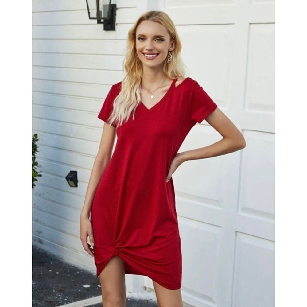 NWT Womens Berryou Destination Knot Front Cold Shoulder Shirt Dress - Sz S